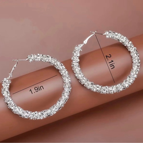 Large Full Rhinestone Hoop Earrings Silver Plated Delicate Jewelry Party Holiday - Picture 6 of 6